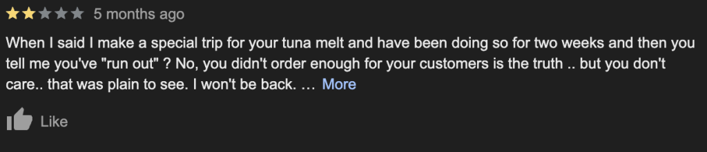 negative review on google about tuna melt