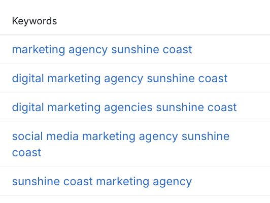 list of keywords for marketing agency sunshine coast