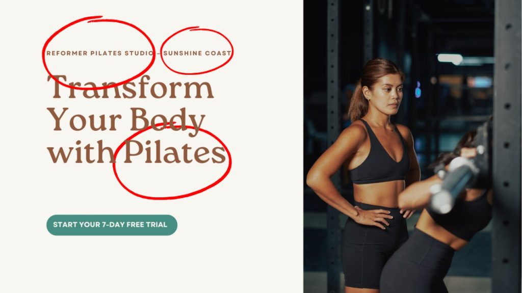 Home page for sunshine coast pilates studio with main keywords circled