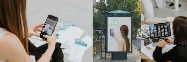 Three images of women on their devices