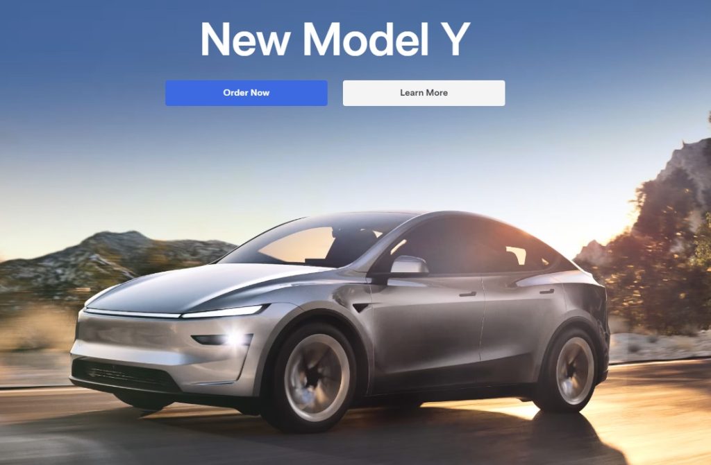 tesla home page with new model y car being promoted