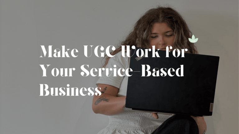 Curly haired woman on computer with text that says "make ugc work for your service based business"